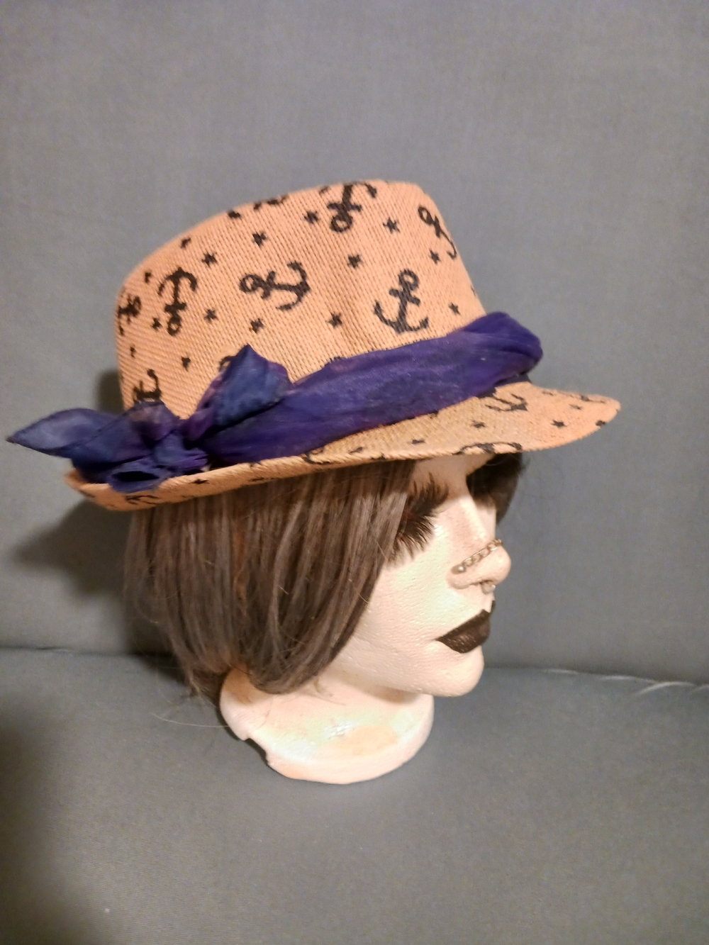 Navy Ribbon Straw Fedora Hat with Anchor Print EUC